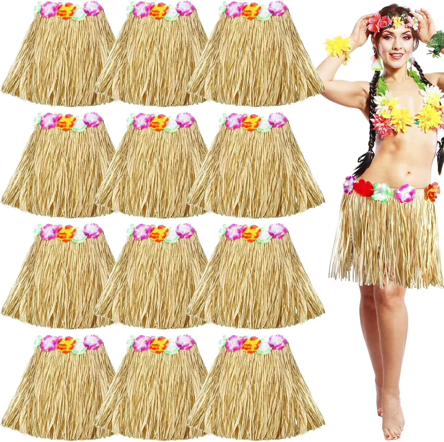 

12 Pack Natural Raffia Luau Hula Skirt Hawaiian Tropical Flowered Grass Outfit for Hawaii Summer Holiday Party Decoration