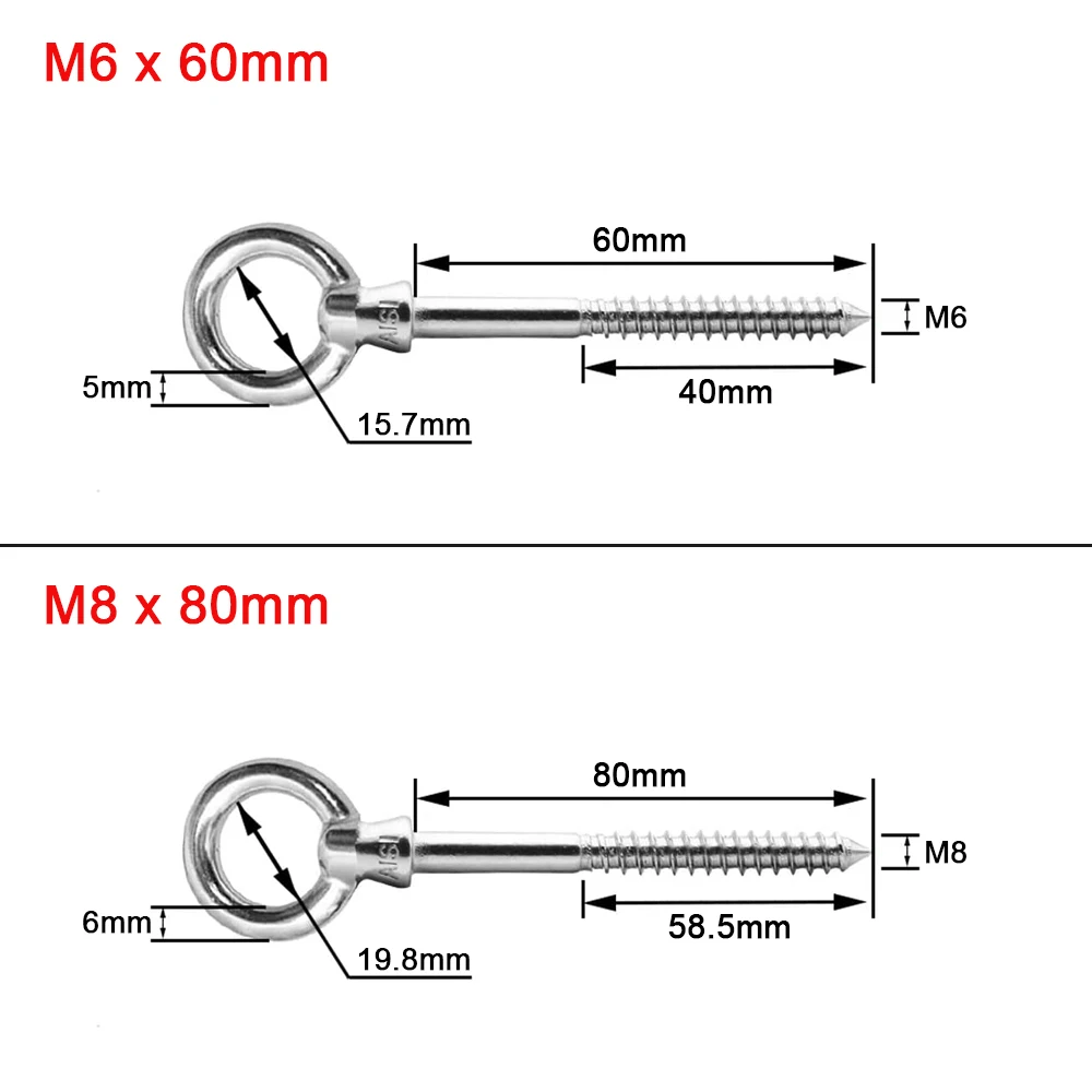 6Pcs M6/M8 Eye Shape Screws Metal Hook, 316 Stainless Steel Wood Terminal Ring Eyelet Hooks Self Tapping Wire Rope Accessories