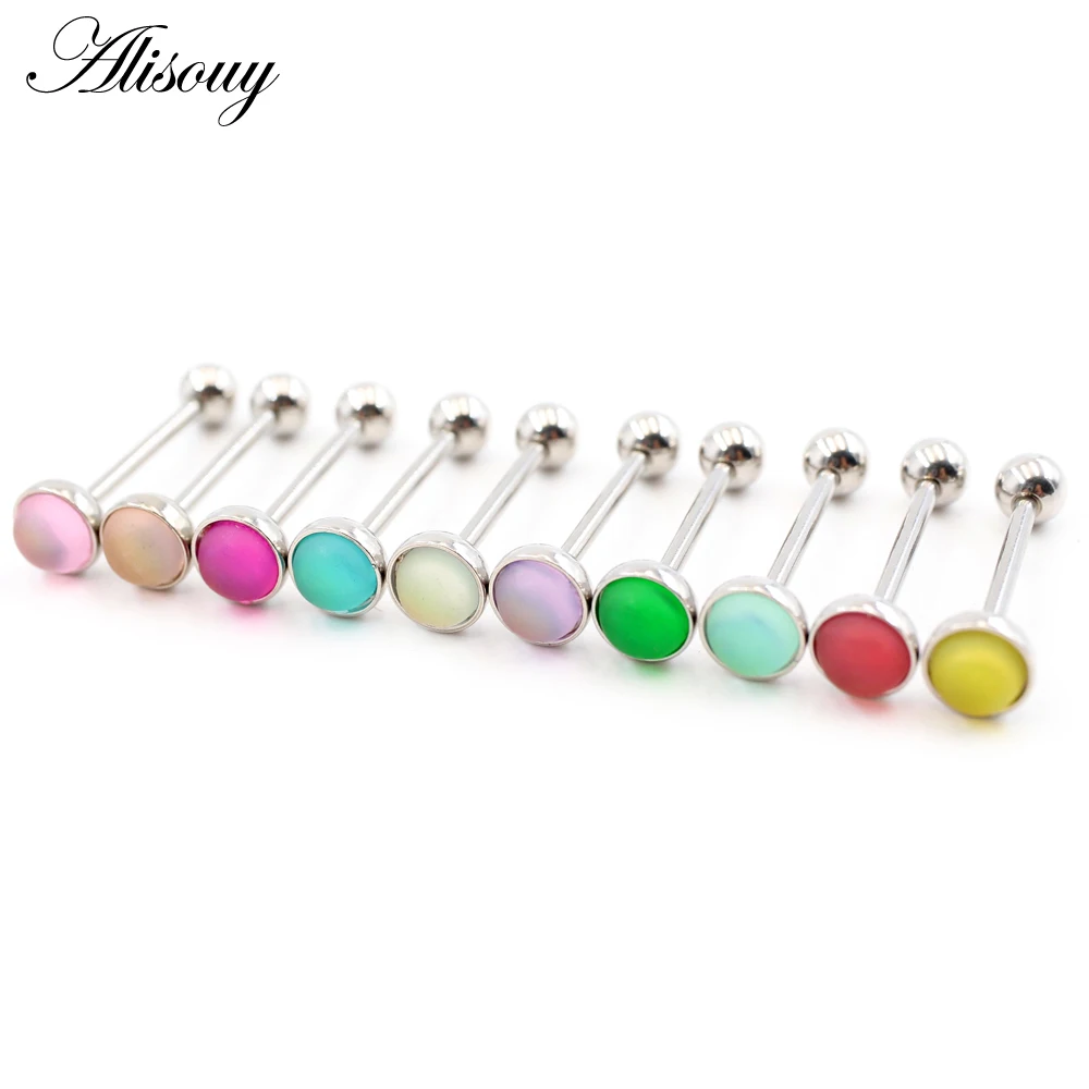 Alisouy 1 PC Candy Ten Color Frosted Tongue Nail Stainless Steel Acrylic 1.6*16*5mm Tongue Piercing Ring