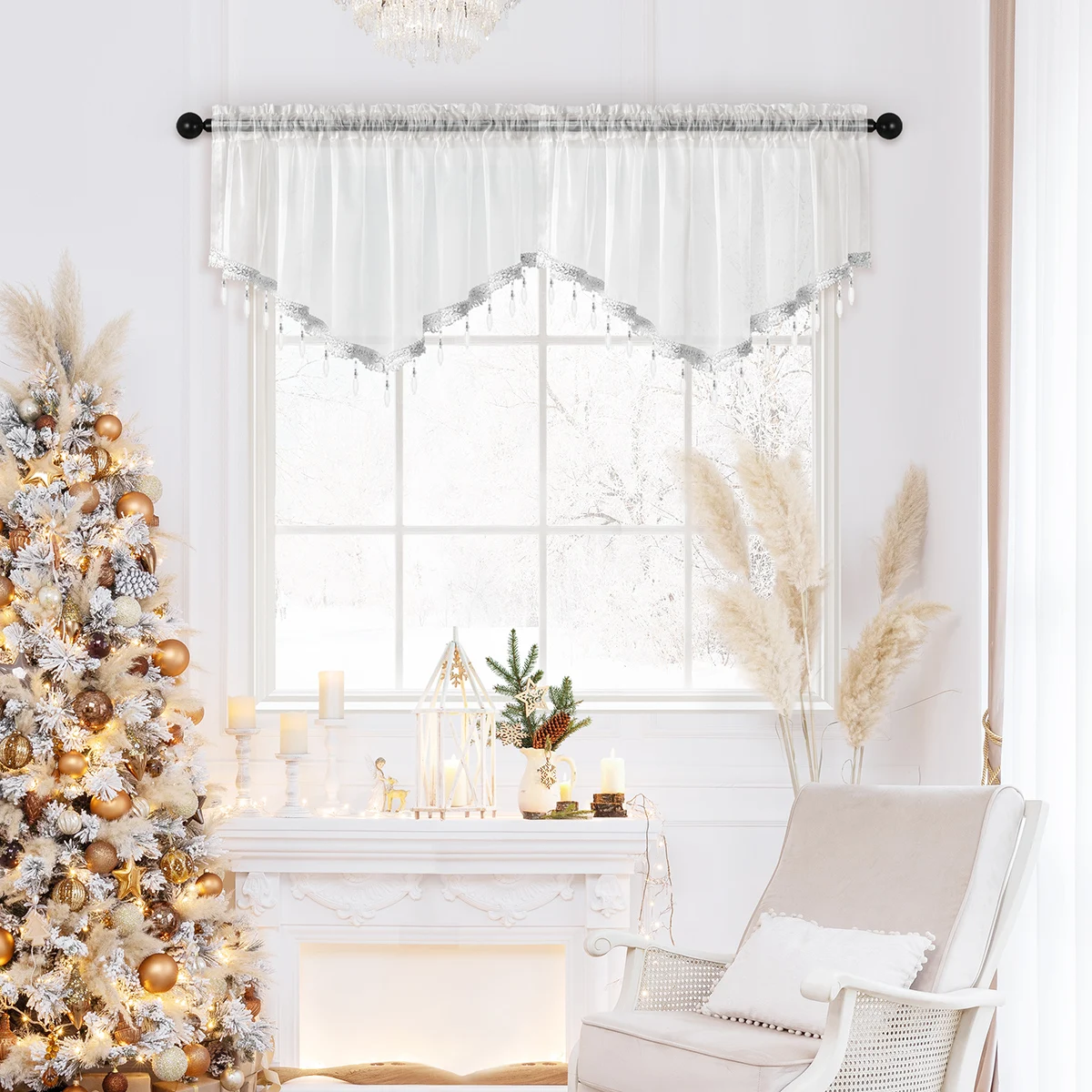 1pc Pure Color Bead Valance ,Rod Pocket,Modern New Design Curtain Valance for Living Room,Transparent Thin Sheer Valance