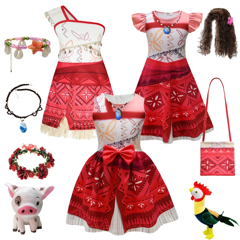 New Disney Moana Dresses Princess Dress Kids Cosplay Costume Necklace Wig Pig Doll One-Shoulder Suspender Dress Accessories Set