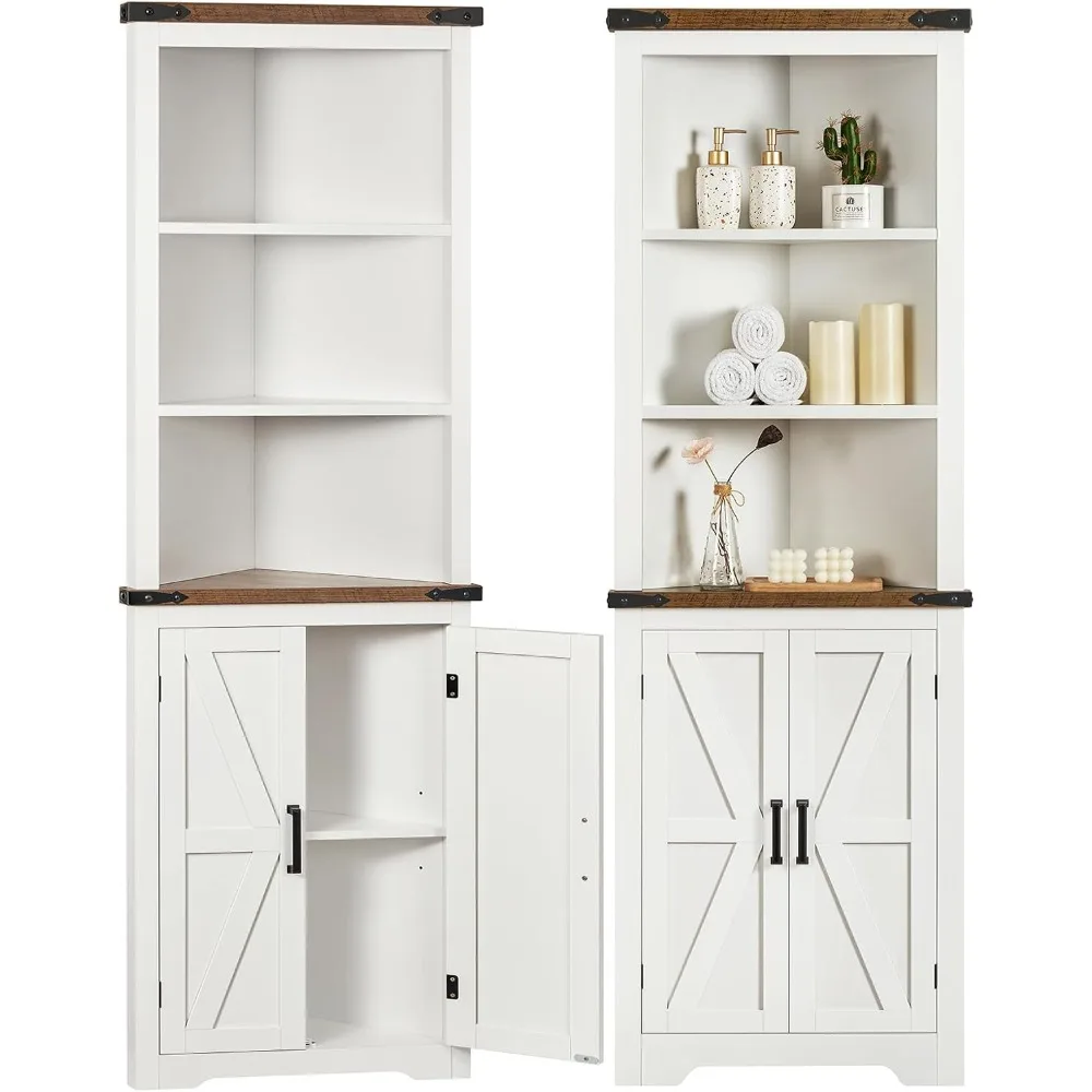 

Farmhouse Corner Cabinet, 70" H Tall Corner Hutch with 5 Shelves & 2 Barn Doors, Bathroom Cabinet with Adjustable Shelf, White