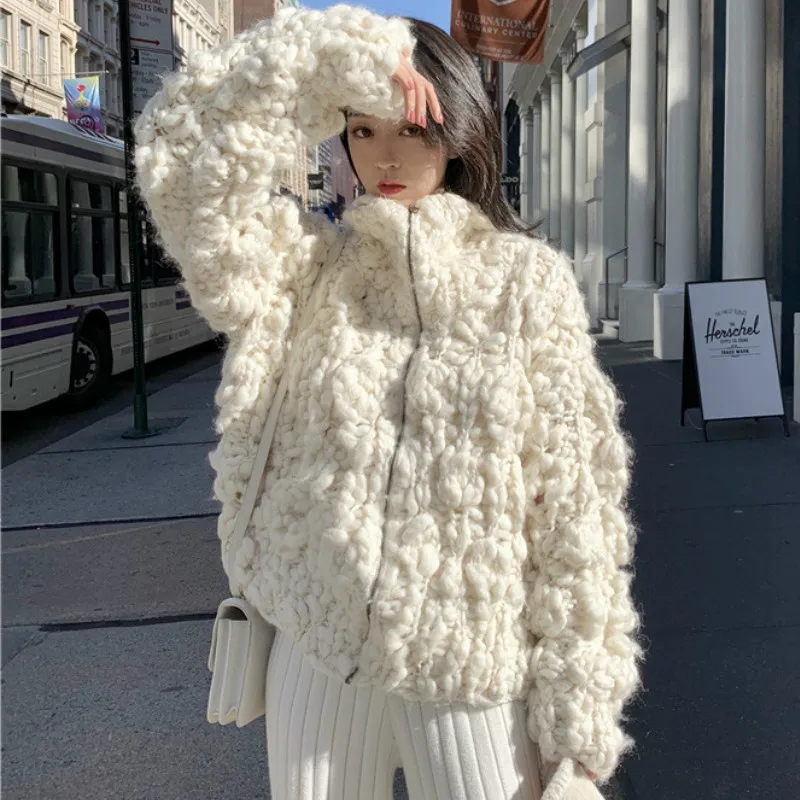 

Winter Zipper Knitted Cardigan Yarn Balls Crocheted Sweater Coat Wool Hook Flowers Stand Collar Jacket Crop Tops Sueter