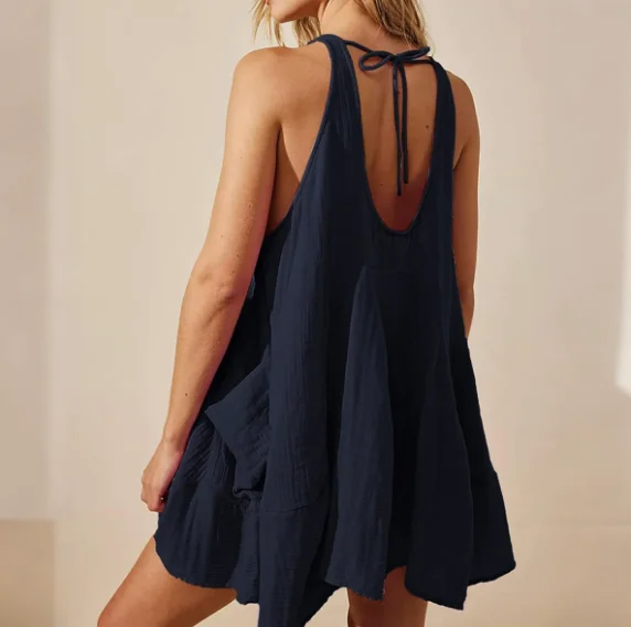 Women's Dress 2026 Spring Summer New Solid Color U-Neck Sleevelss Sexy Backless Pocket Design Loose Casual Mini Dress