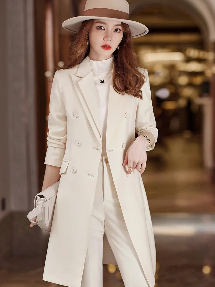 Women Work Business Wear Pant Suit Khaki Black Beige Long Blazer 2 Pieces Set Female Office Ladies Formal Jacket and Trouser