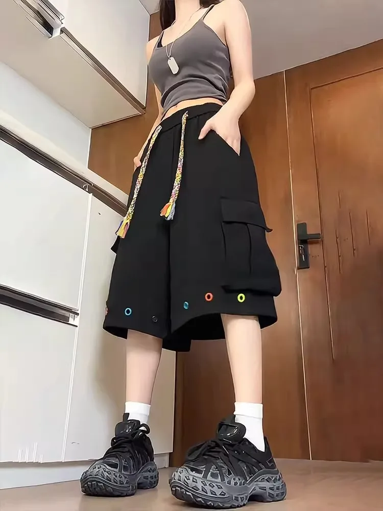 

Спецодежда в американском стиле ретро orts ex Woven Dstring Design Свободные широкие брюки Seven-Quarter Youth Faion