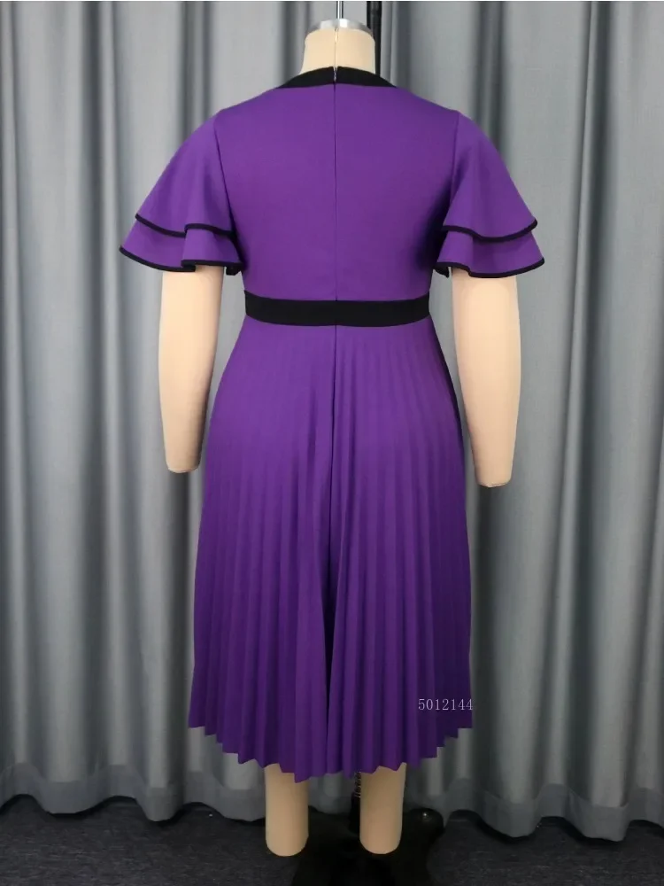 Plus Size Elegant Round Neck Bow Pleated Skirt Double Layer Ruffle Sleeve Waist-cinching Party Dress Dress Robe Vestido Women
