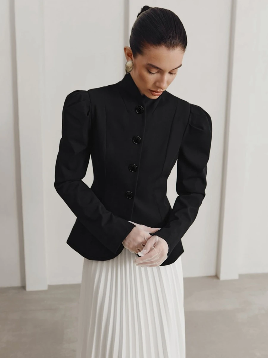 TWOTWINSTYLE Französisch Elegante Retro Schwarz Blazer für Frauen Stehen Kragen Puff Sleeve Abnehmen Pendler Mäntel Weibliche Winter Kleidung