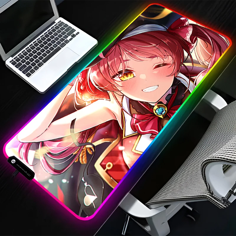 H-hololive Houshou Marine RGB LED Mouse Pad Rubber Mousepad Computer Desk Accessories Mouse Mat Keyboard Pad Non Slip Desk Mat