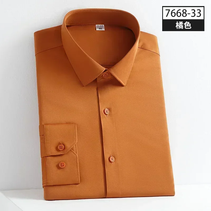 Men\'s green shirt quality long sleeved solid color business professional elastic wrinkle resistant silk smooth formal shirt