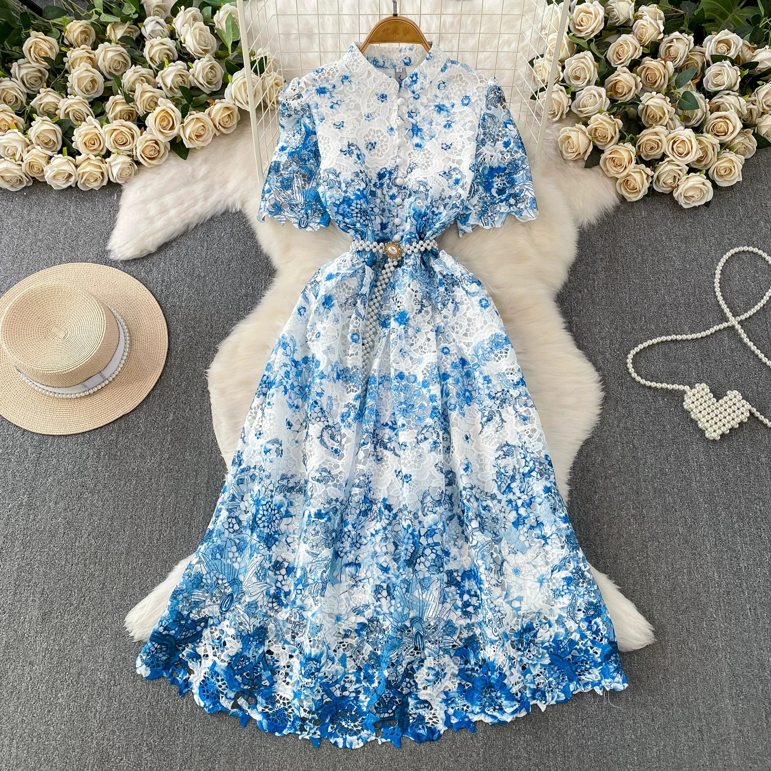 Women Elegant Floral Embroidery Lace Dress Stand Collar Short Sleeve High Waist Belted A Line Summer Evening Party Vestidos