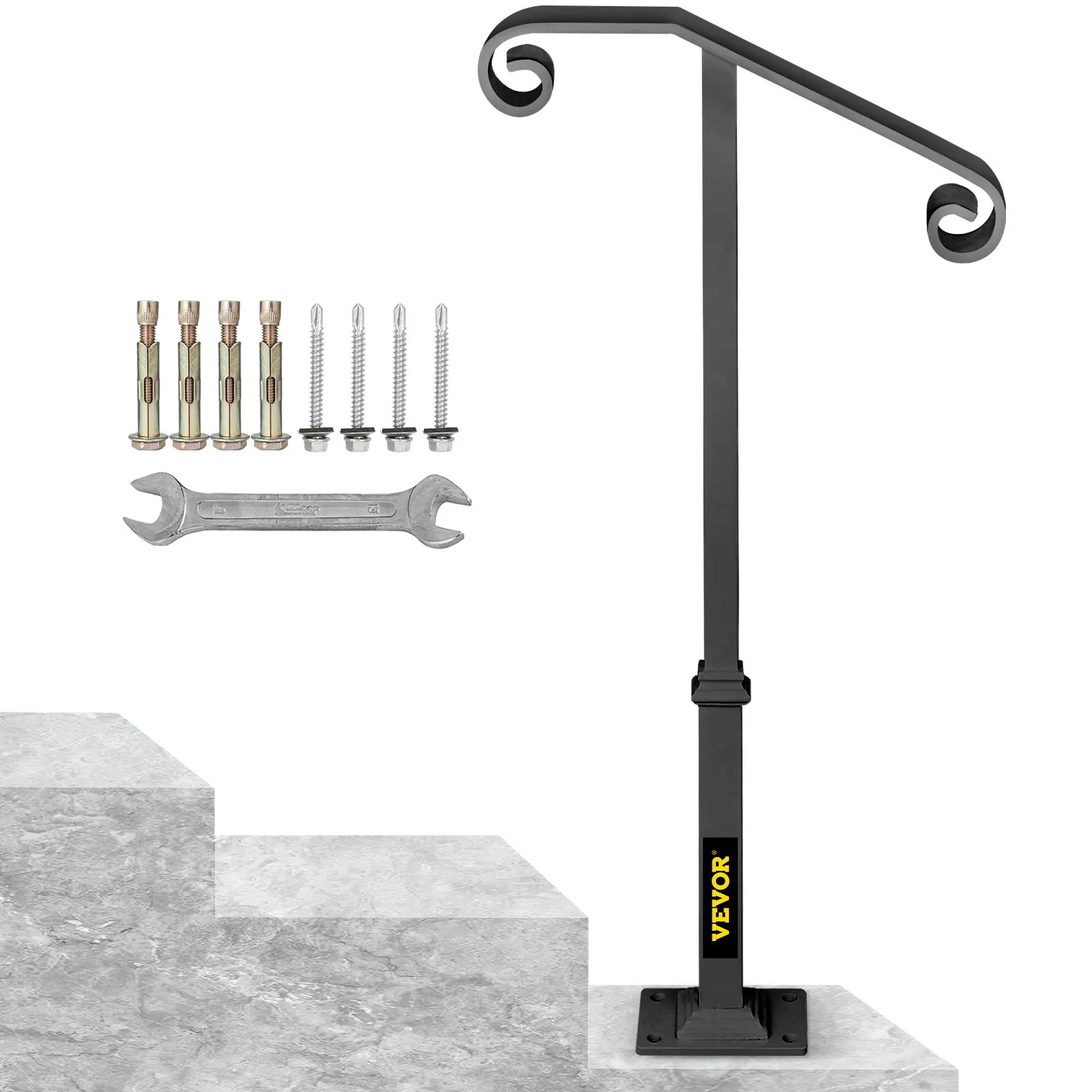 

Handrails For Outdoor Steps, Fit 1 Or 2 Steps Outdoor Stair Railing, Single Post Wrought Iron Handrail, Gray Transitional Porch