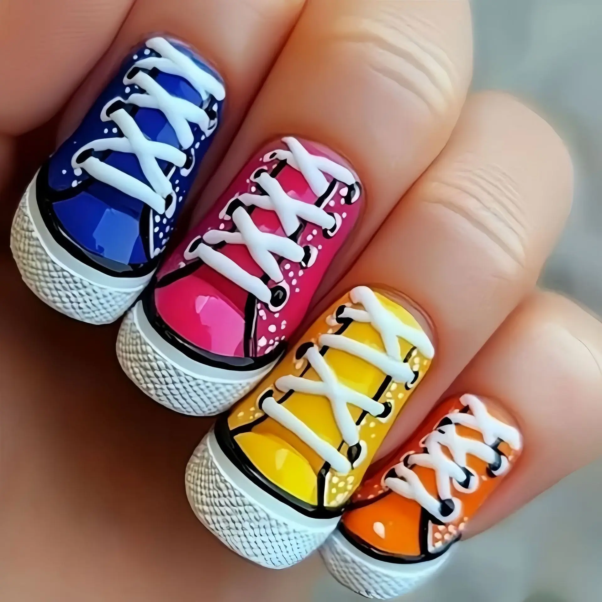 Medium Square Fake Nails for Women Y2K Fashion Shoes Print Red Blue Rose Orange Yellow Colors Full Cover Tips Press On Nails