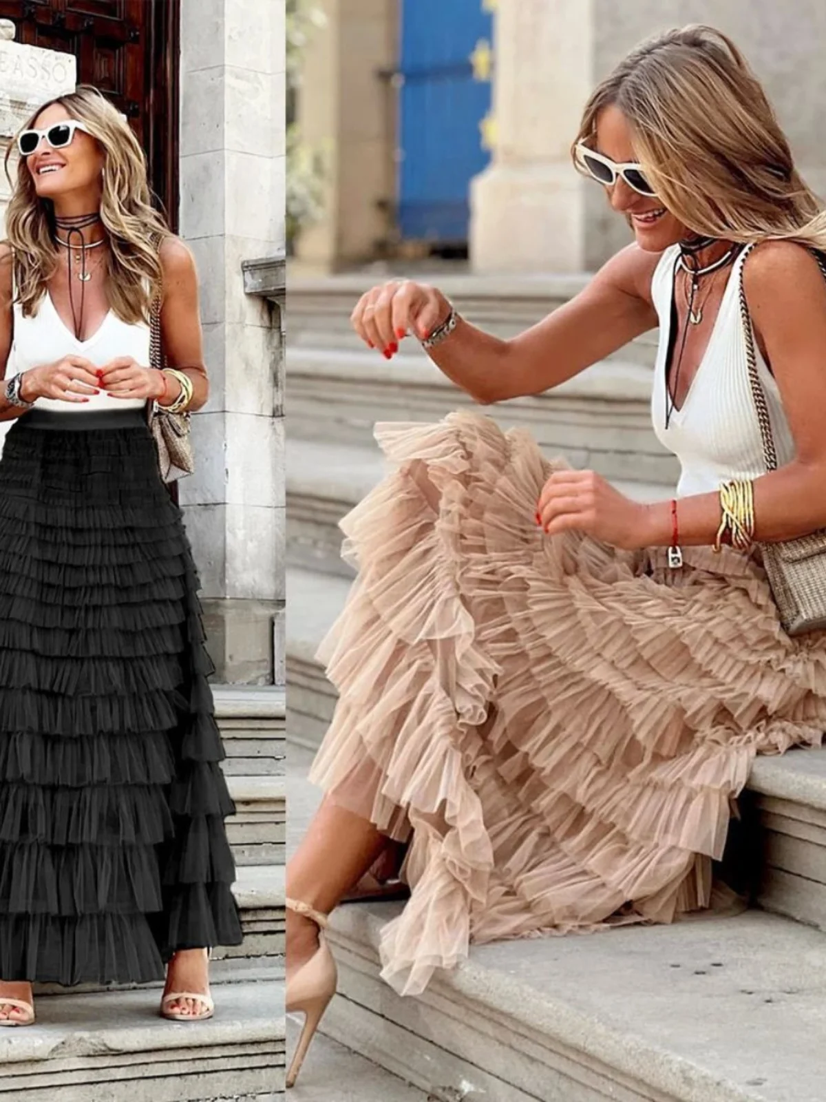 

Юбка-торт с высокой талией, женская цветная уличная длинная юбка, европейское и американское сетчатое платье с высокой талией