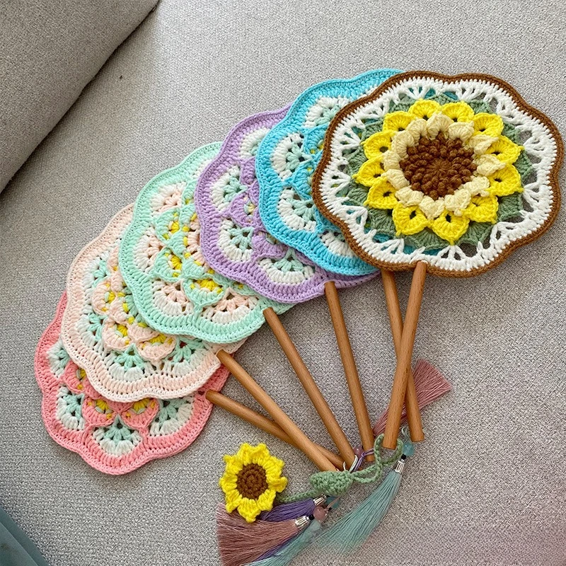 Crochet Hand Fan Cotton Yarn, Handmade Elegant Beautiful Vintage Chinese Round Fan with Tassel, Mother Day Home Decor Gift
