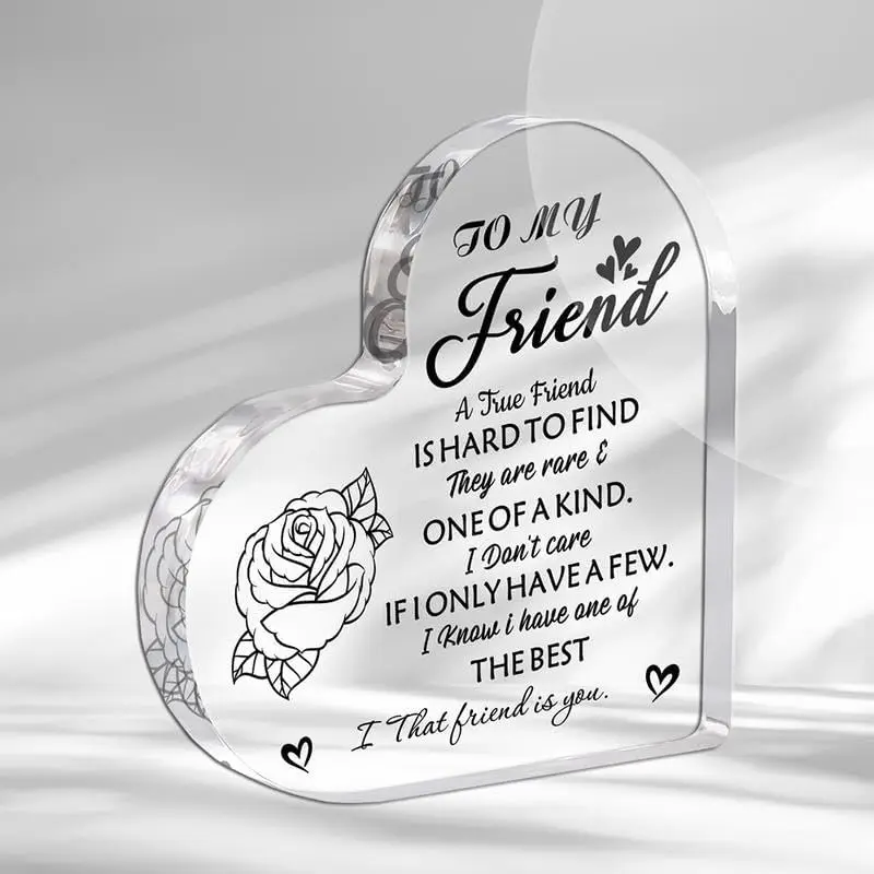One Of A Kind True Friend Heart Acrylic Tabletop Plaque Appreciation Sentimental Gift For Close Friend,Heart‑Shaped Acrylic Plaque To My Friend Line Art Rose A True Friend Is Hard To Find Freestanding Friendship Keepsake Gift