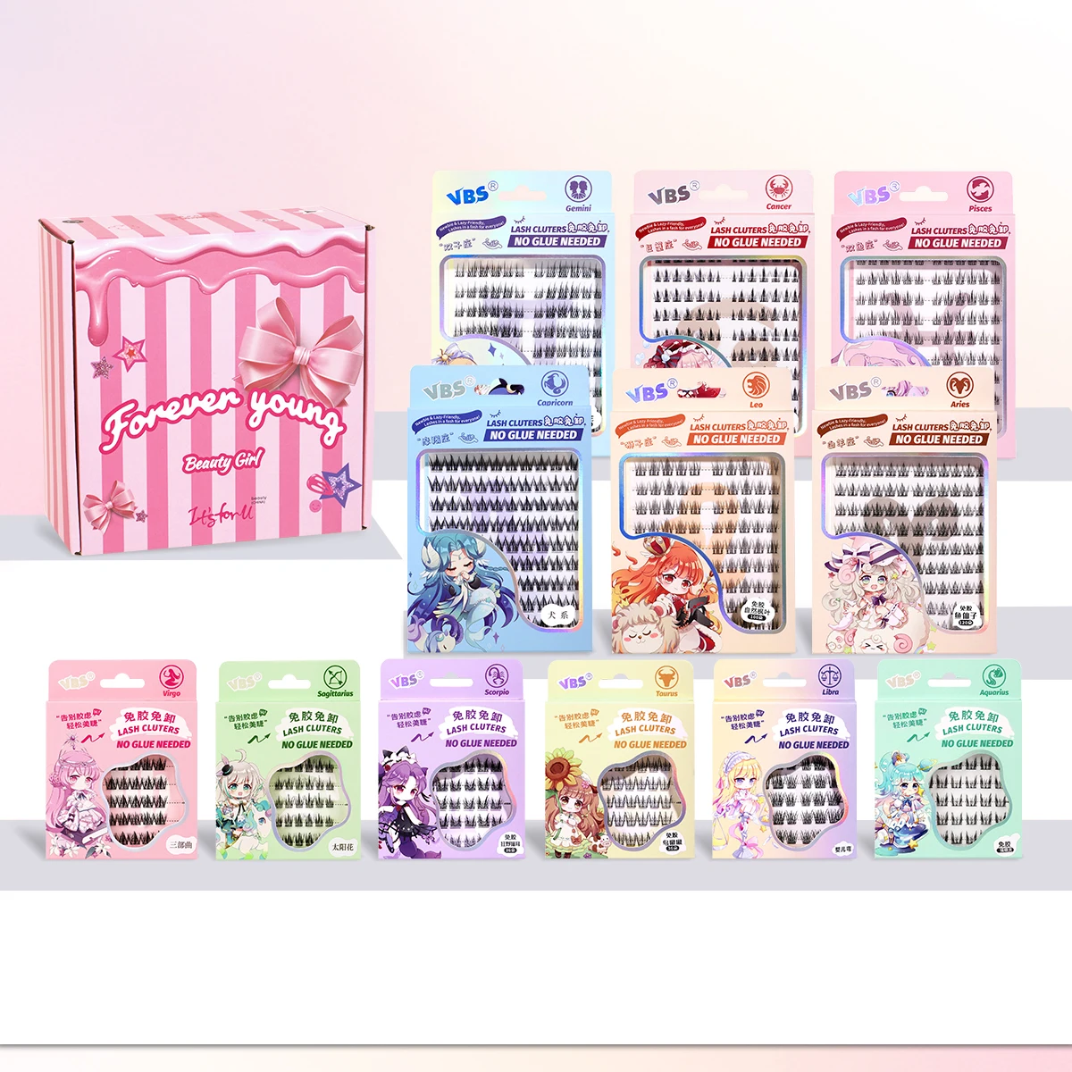 13PCS- constellation series mixed length false eyelashes set+pink carton, containing 12 boxes of false eyelashes and 1 carton.