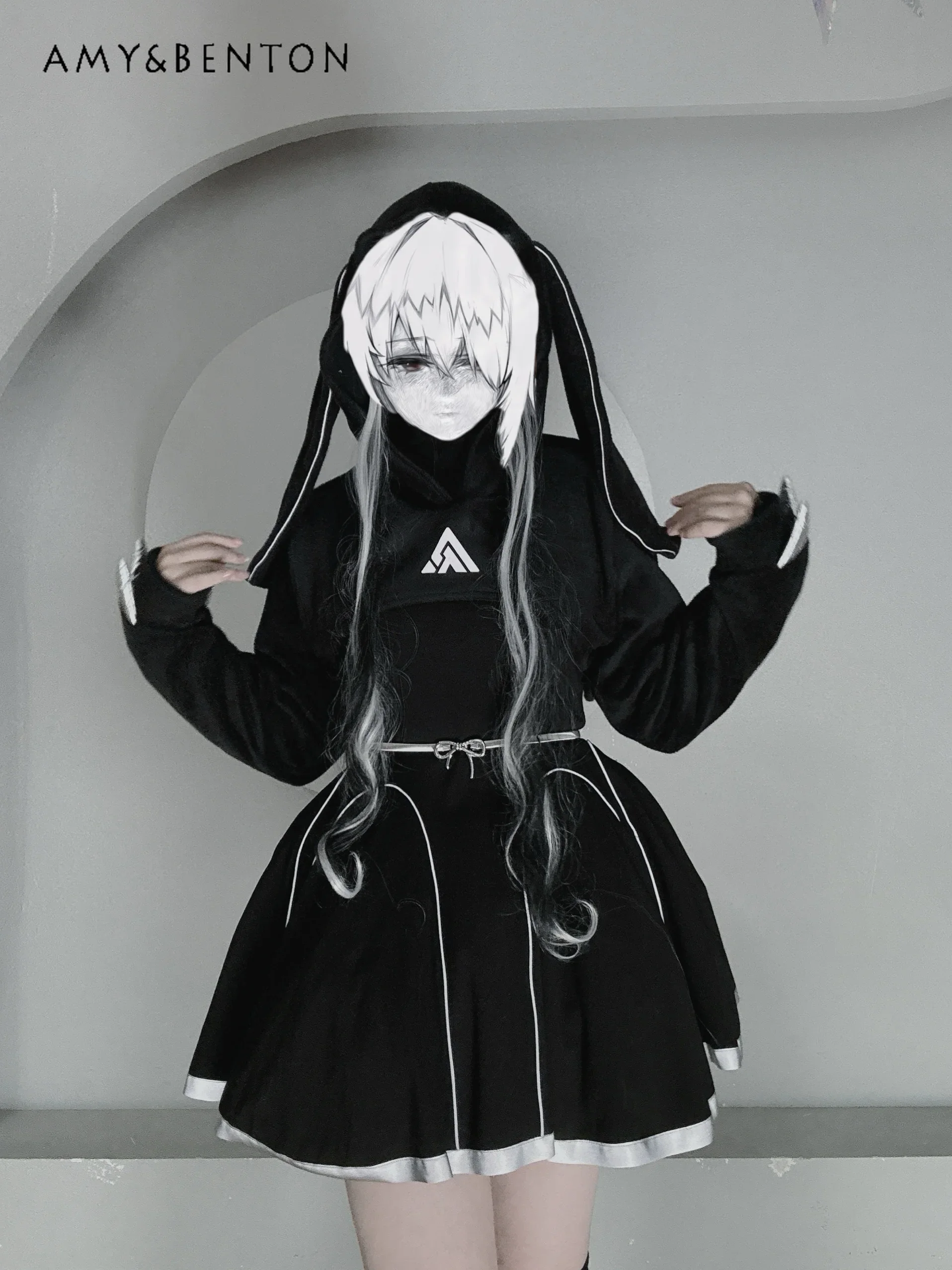 Street Punk Style Solid Color Versatile Lolita Spice Girl Hoodies Subculture Gothic Luminous Printed Hooded Short Coat Women