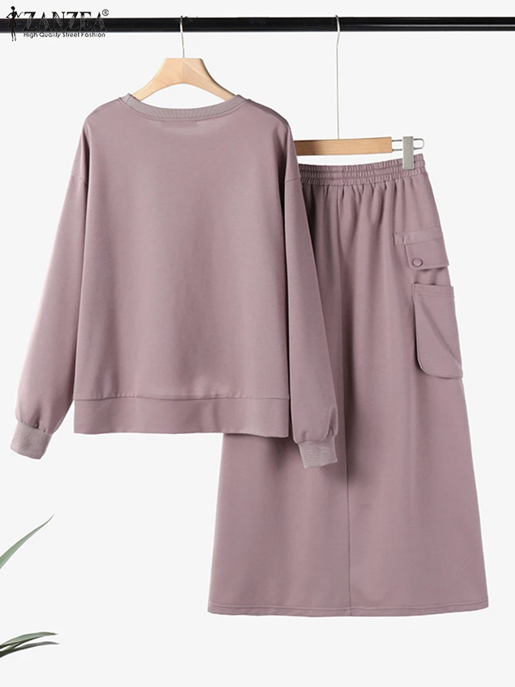 ZANZEA Daily Wear Elastic Waist Skirt Dress Sets Casual Spring Loose Solid Skirt Suits Women Knotted Hem Sweatshirt 2pcs Outfits