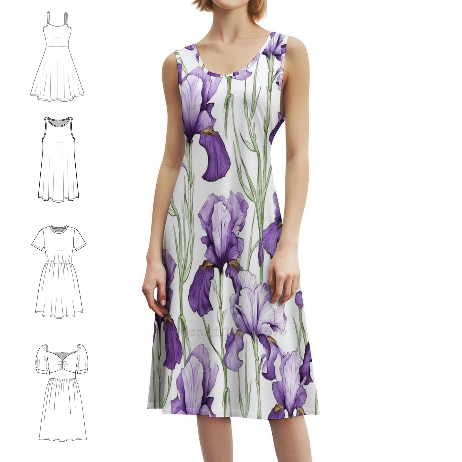 

Фиолетовое мини-платье с цветком ириса в консервативном стиле для женщин, трапециевидное свободное повседневное дневное платье с цветком ириса, цветочный сад, природа, женщина