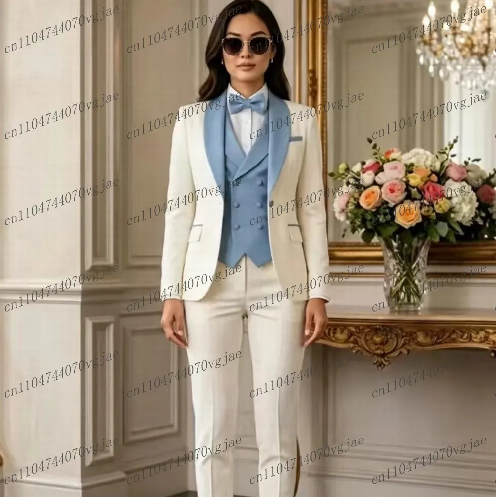 New White And Sky Blue Formal Business Women Suit Wedding Party Prom Ladies Mother Girl Tuxedos 3 Piece Set Blazer Vest Pants