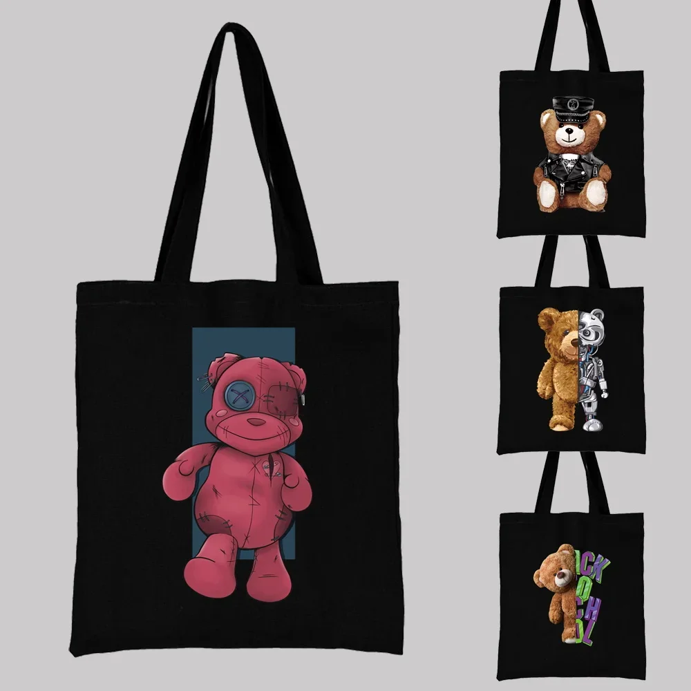 Female Bags Shopper Bag College Student Canvas Tote Bag Teddy Bear Pattern Series Harajuku Style Black Printing High Capacity