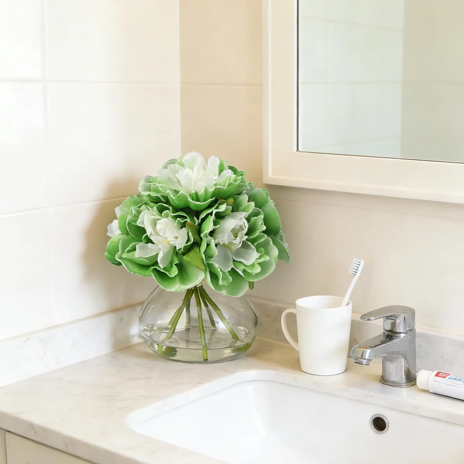 

Искусственные пионы из шелка, композиция из искусственных цветов в вазе с искусственной водой для украшения стола, полки, дома, свадебного декора