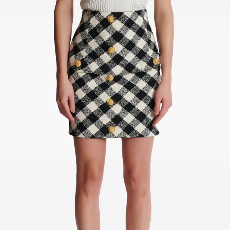 High Quality Women's Black And White Plaid A-line Skirts Classic High Waist Metal Button Zipper Mini Skirt Y2K Clothes New 24