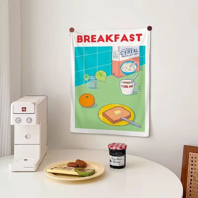 VIKAMA Breakfast Food Illustration Tapestry, Instagram-Style Wall Decor, Inspirational Slogan Tapestry, Home Decor