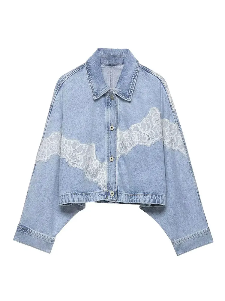 

HH Elegant Women Blue Denim Jackets Button Batwing Sleeve Coat Spring Summer Casual Fashion High Street Lace Splicing Jacket