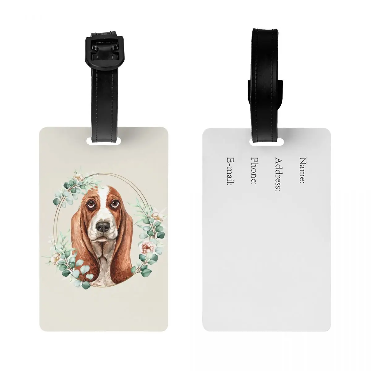 Basset Hound Dog-etiqueta de equipaje con corona dorada Floral para maletas, divertida, para amantes de las mascotas, cubierta de privacidad, etiqueta de identificación