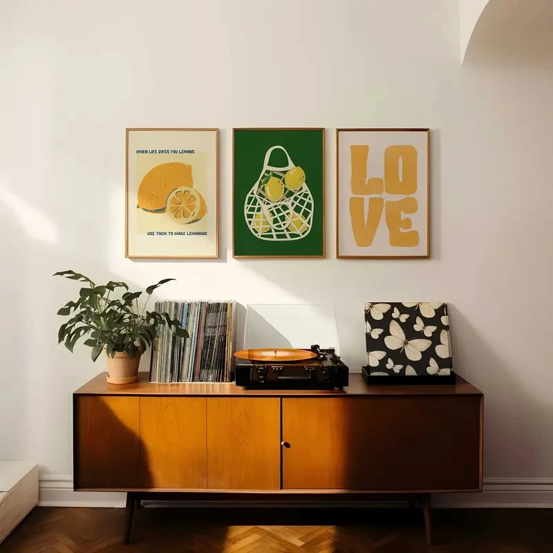3pcs/Set Simple Lemon Wall Art Retro Yellow-green Canvas Poster, Picture Decoration, Living Room, Kitchen Dining Room Decoration