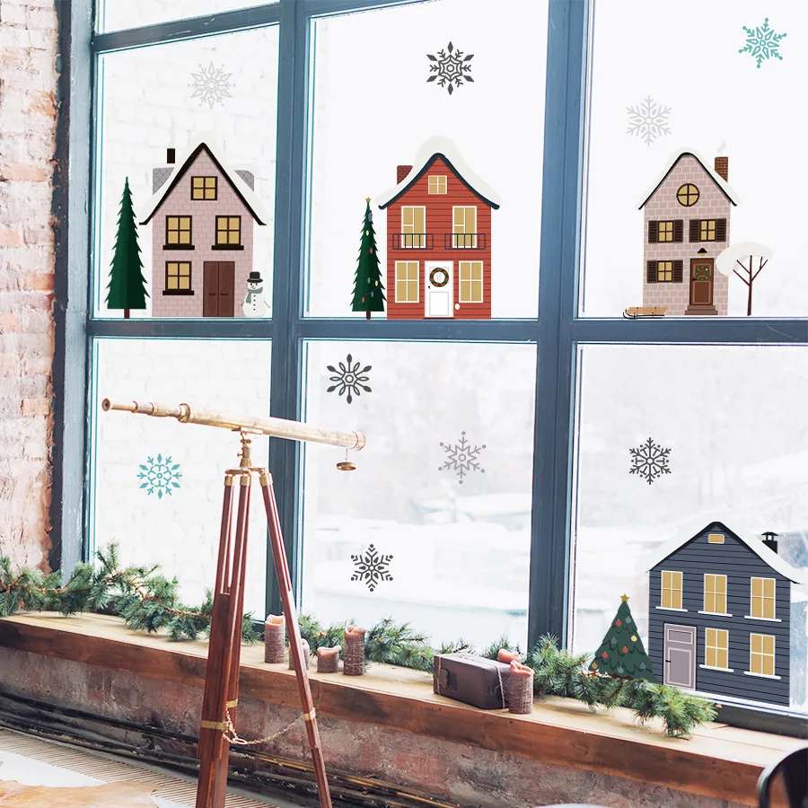 Christmas Houses Window Stickers Removable Self-adhesive Double Sided Snowflakes Xmas Tree Wall Glass Decals for Home Decoration