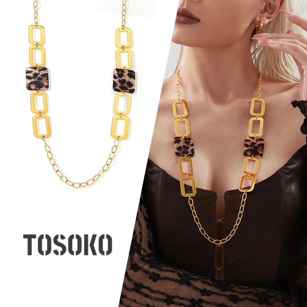 

TOSOKO Fashion Acrylic Leopard Print Large Block Sweater Chain Women's Stainless Steel Jewelry Necklace Accessories M058