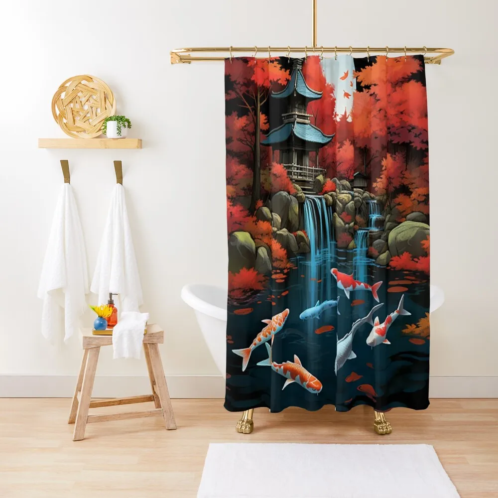 

Tranquil Autumn: Digital Painting of Japanese Village & Koi Fish Shower Curtain Modern Bathroom Accessories Curtain