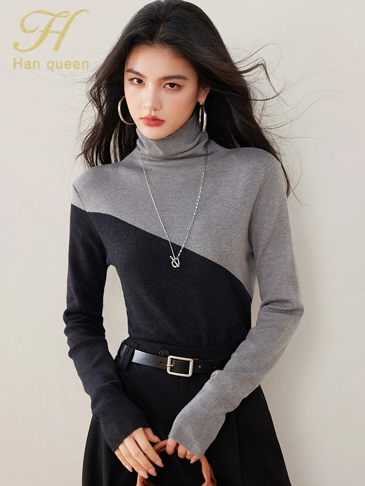 H Han Queen 2025 Primavera Autunno Maglieria Coreano Pullover Elastici Maglioni Che Basa Casual Maglione A Collo Alto Abbigliamento Donna