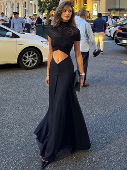 Mozision Hollow Out Short Sleeve Sexy Maxi Dress Women Fashion O Neck Ruched High Waist Bodycon Club Party Long Dress Female