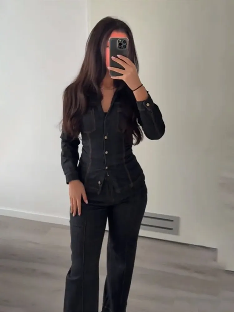 Women Fashion Denim Solid Top High Waist Pants Suits Casual Single Breasted Lapel Neck Shirts Pant Set Spring Lady Street Wear