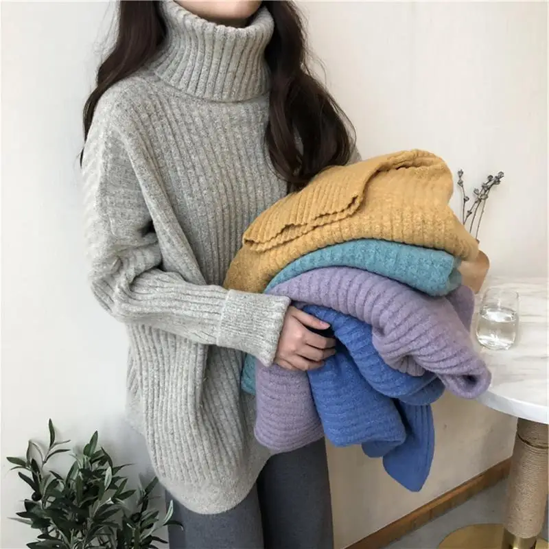 

Autumn Winter Women's Sweaters Turtleneck Pullovers Knitted Jumpers Fashion Oversize Pull Femme Sweater for Q633