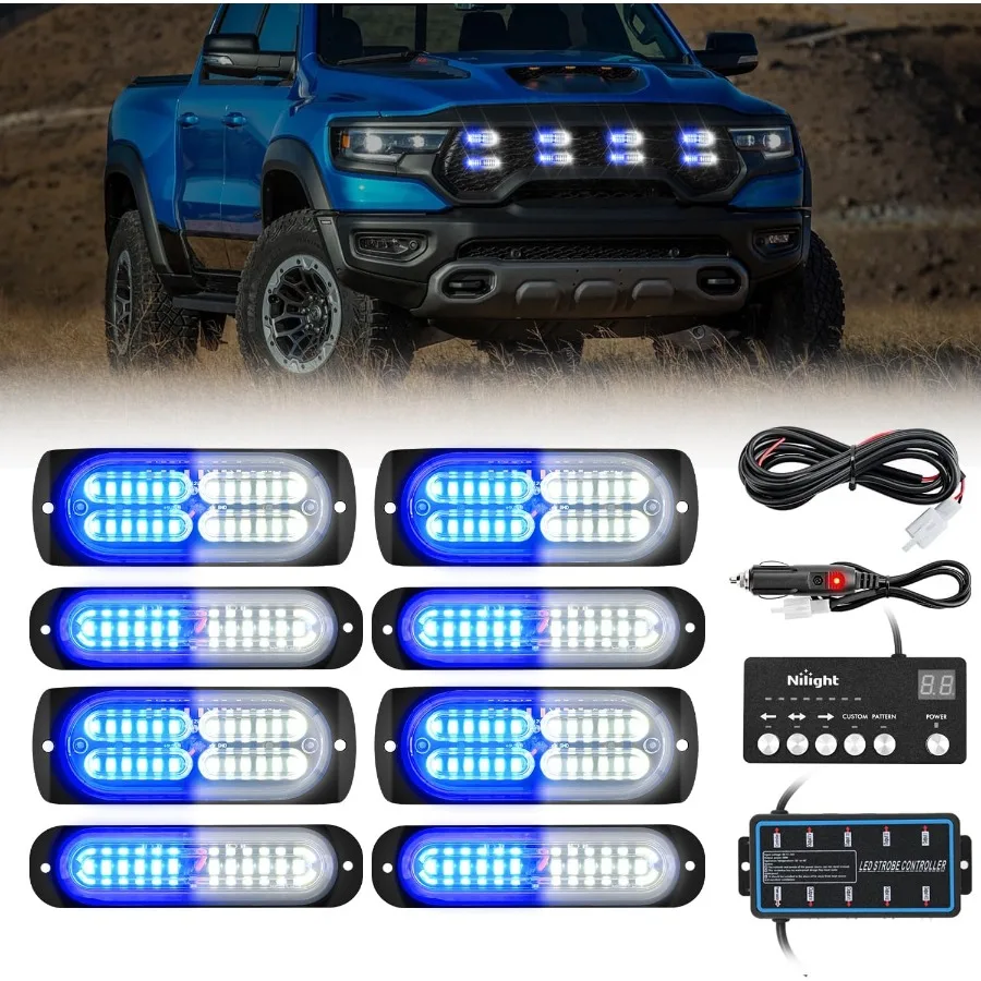 

8PCS Led Strobe Lights with Controller 12V 24V Sync Feature Blue White Emergency Hazard Warning Light 12 24 LED Surface Mount f