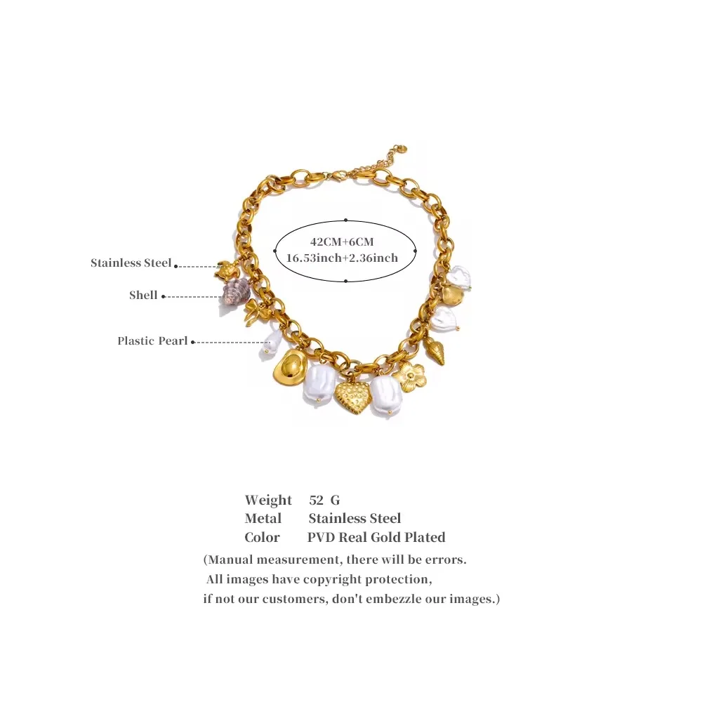 Yhpup Ozean-Stil, simulierte Perlen, Muschel, Schildkröte, Muschel, Herz, Blume, Tropfen-Halskette, 2025, Edelstahl, handgefertigter Schmuck, neu – Detail 6