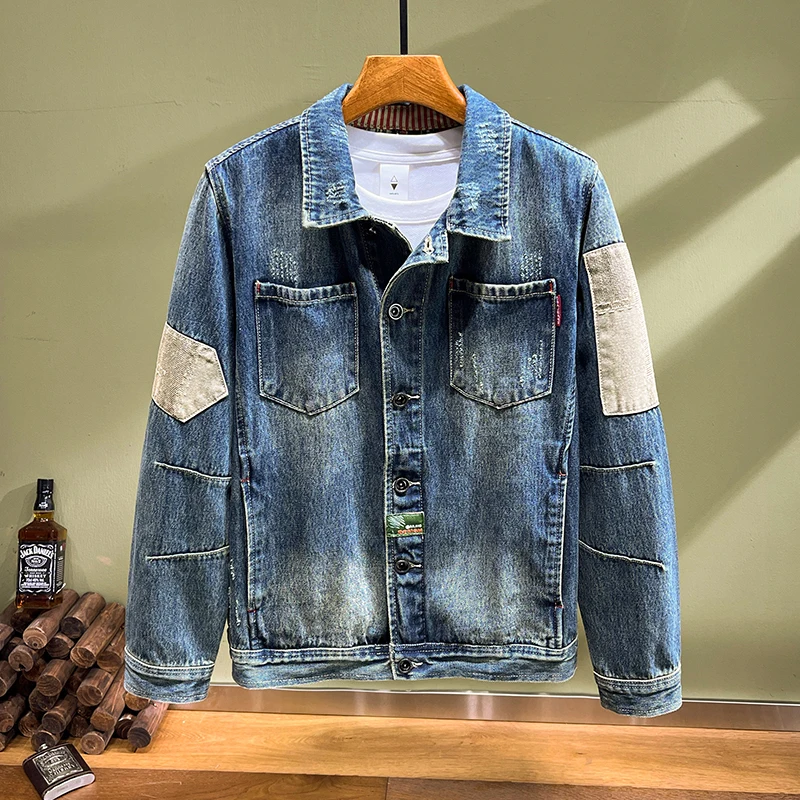 

Fashion designer men jacket high quality retro washed blue spliced ripped denim jacket men coats patched hip hop jacket man