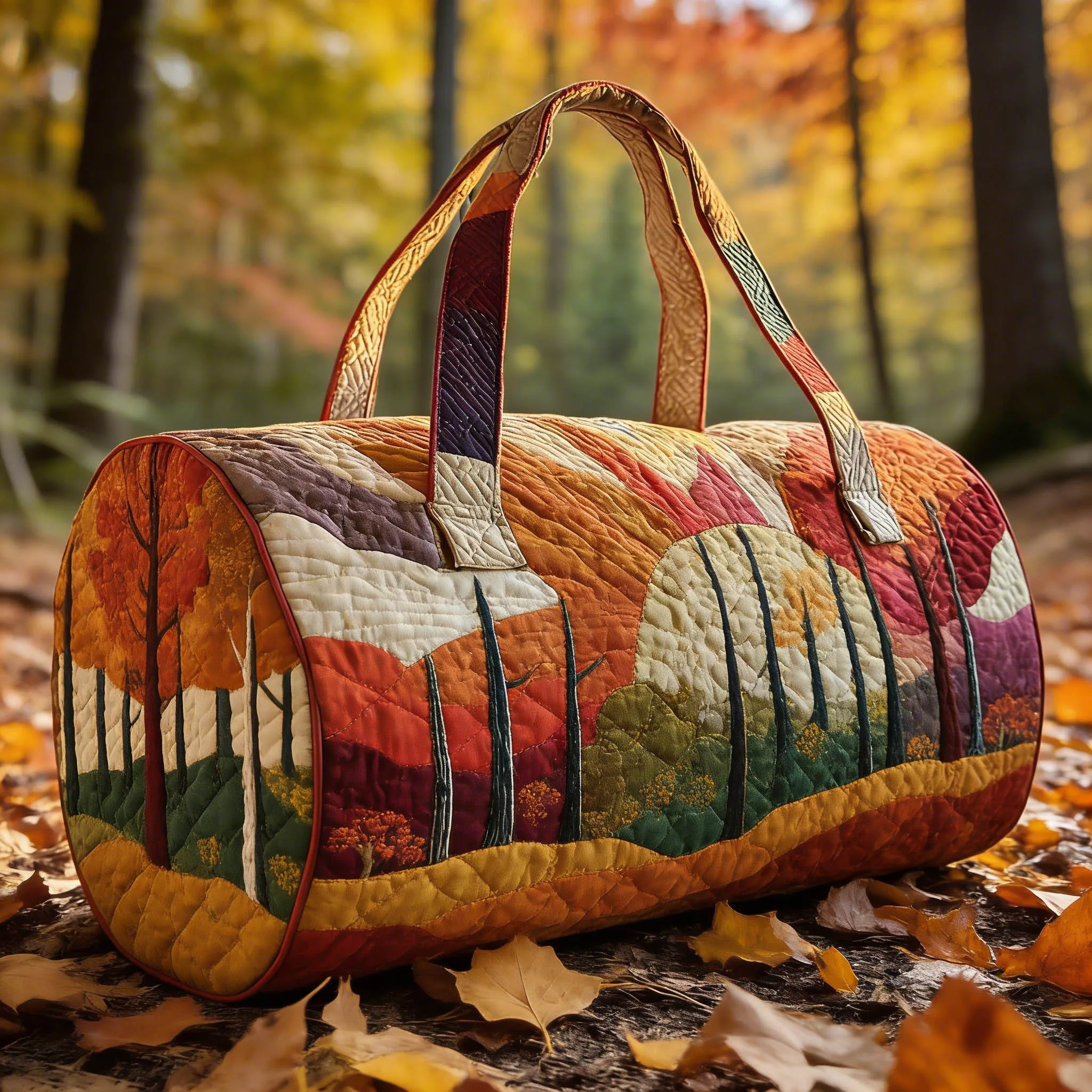

Vintage Autumn Forest Landscape Quilted Duffle Bag Artistic Fall Weekender Travel Handbag for Overnight Trip Daily Commute