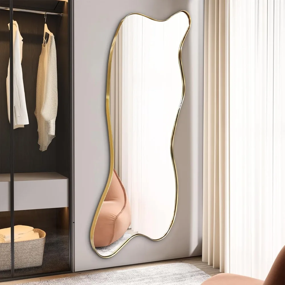 

Tall Gold Wavy Framed Floor Mirror, Asymmetrical Design, Full-Length 59.8" x 23.6" for Dressing