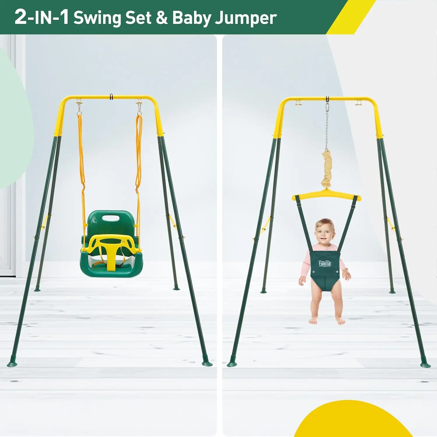 2 in 1 Swing Set for Toddler & Baby Jumper, Heavy Duty Kids Swing & Bouncer with 4 Sandbags, Foldable Metal Stand for Ind