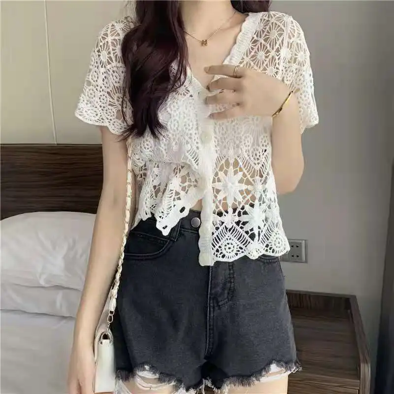 2024 Summer Korean Fashion Minimalist Sweet Style Blouses Loose Short Sleeved Hollow V-neck Solid Color Button Women\'s Shirt Top