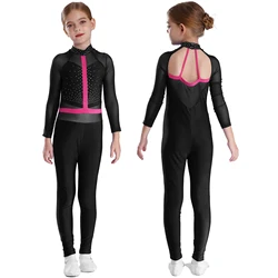 Kids Girls Gymnastics Jumpsuit Performance Costume Long Sleeve Mock Neck Cutout Back Mesh Patchwork Shiny Rhinestones Bodysuit