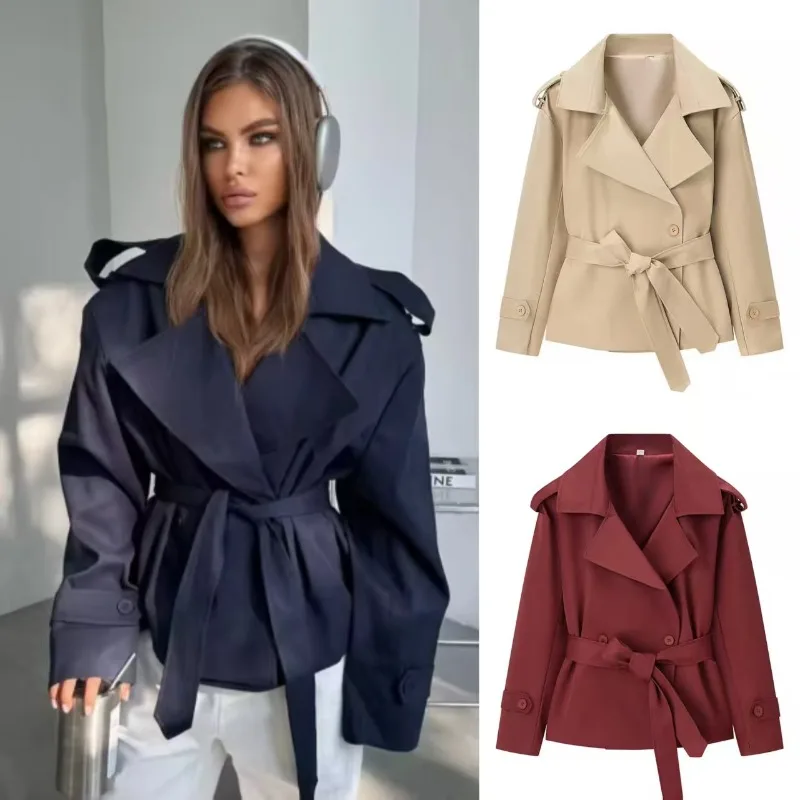 Aliexpress'in En Çok Satan Sınır Ötesi Avrupa ve Amerikan Tarzı Kadın Düz Renkli Kemerli Kısa Ceket Trençkot Modası