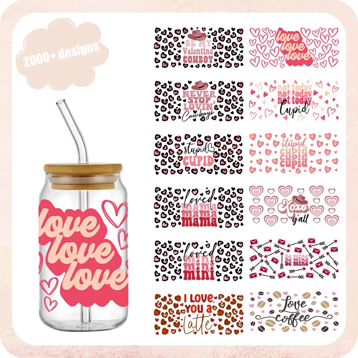 

Valentine's Day 16OZ UV DTF Cup Wraps Transfer Sticker For Glass Libbey Can Bottle Selfadhesive Washable DIY Custom