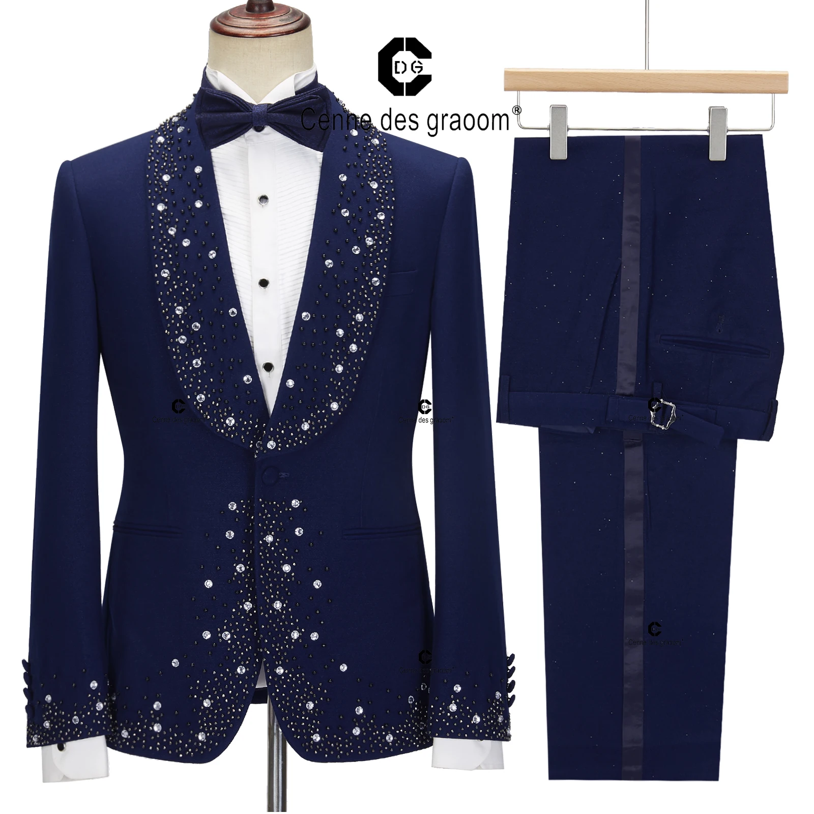 Cenne Des Graoom 2024 Luxury Men Suits Blue Tuxedo Jewelry Ornament Blazers Pants 2 Piece Set  for Wedding Dress Groom Party